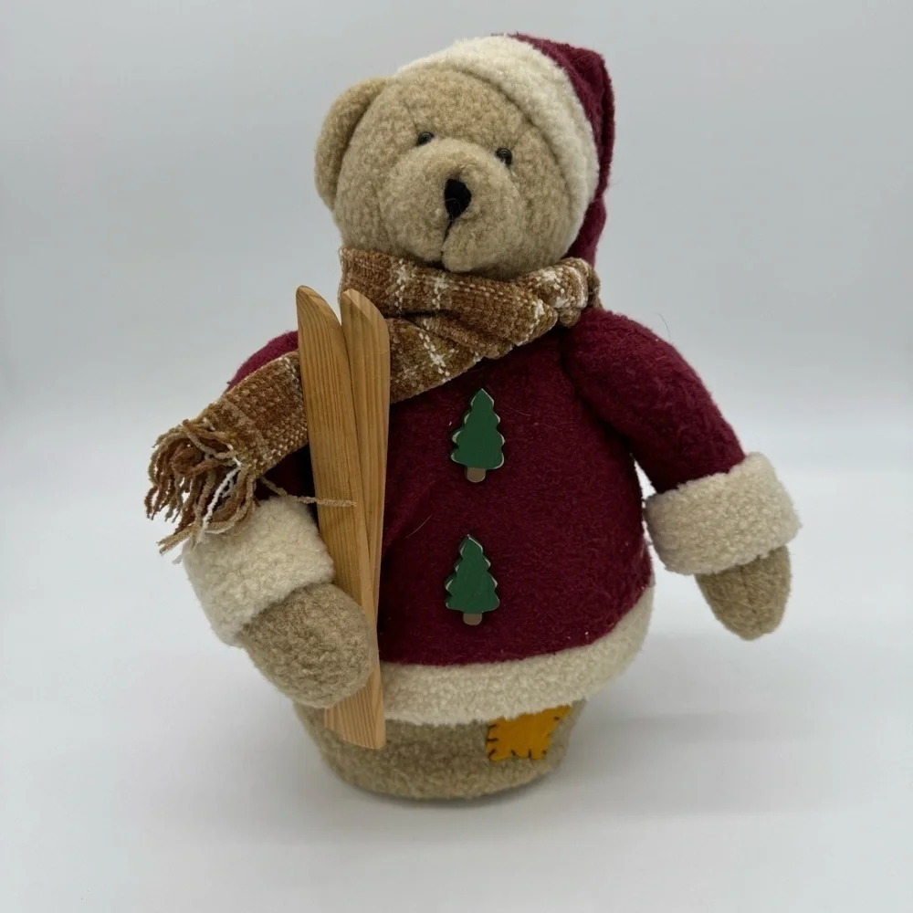 Holiday Teddy Bear with Skis - Red and Cream